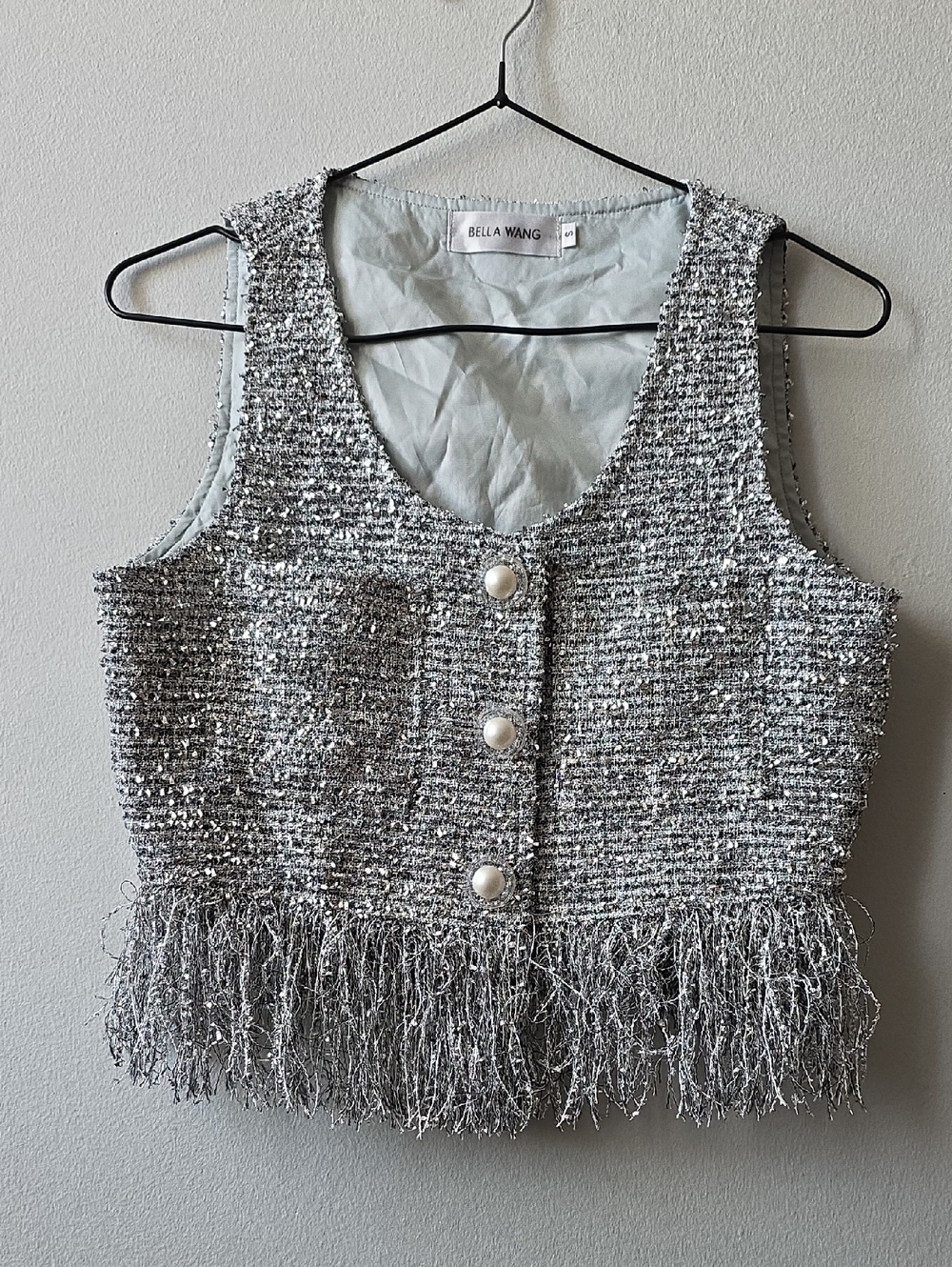 Q Bella Wang Silver Tweed Fringe Crop Vest